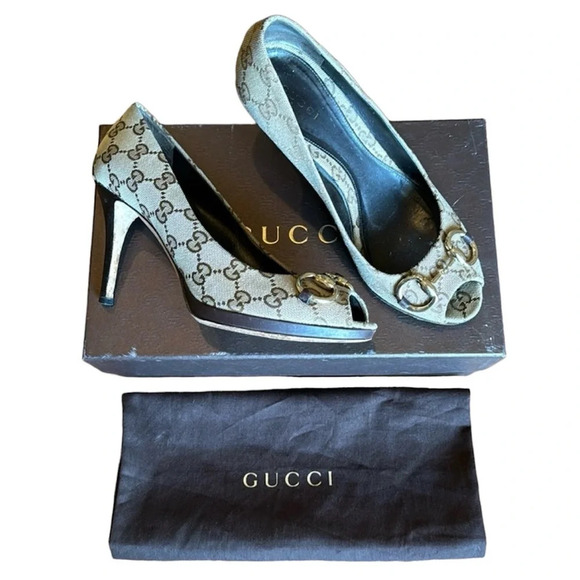 Gucci GG Monogram Canvas Open Toe Horsebit Pumps Beige Brown EU 37.5 US 7.5 - Picture 1 of 13